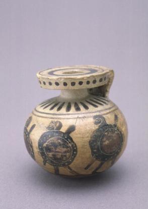 Aryballos (oil flask) with Warriors carrying Clubs and Shields