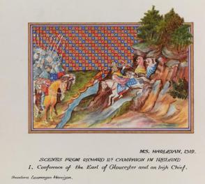 Illumination from the MS. Harleian 1319 : Scenes from Richard II’s Campaign in Ireland—1. Conference of the Earl of Gloucester and an Irish Chief, from the series, Examples of Illumination and Heraldry, Federal Public Works of Art Project, Region #16, Washington