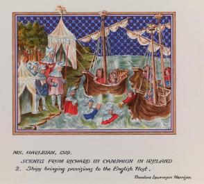Illumination from the MS. Harleian 1319: Scenes from Richard IIs Campaign in Ireland—2. Ships Bringing Provisions to the English Host, from the series, Examples of Illumination and Heraldry, Federal Public Works of Art Project, Region #16, Washington State