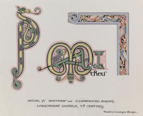 Illumination from the Lindesfarne Gospels, 7th Century: Initial “P,” “Matthew,” and Illuminated Border, from the series, Examples of Illumination and Heraldry, Federal Public Works of Art Project, Region #16, Washington State