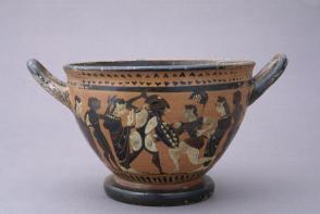 Black-figure Skyphos (stemless cup) with Combat Between Warriors and Amazons, Sirens