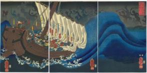 Yoshitsune’s ship is attacked by ghosts of the Taira warriors at Daimotsu Bay