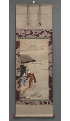 Ukiyoe, two standing females on veranda