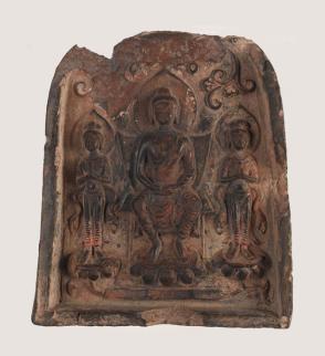 Merit-clay tablet with Maitreya Buddha and two bodhisattvas