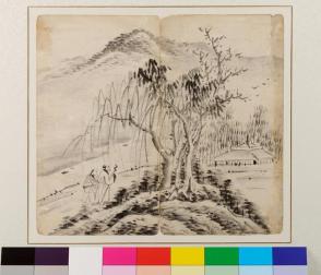 Album leaf (Landscape with two men walking under a tree)