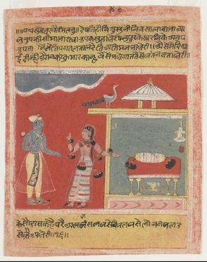 Radha inviting Krishna to her pavilion